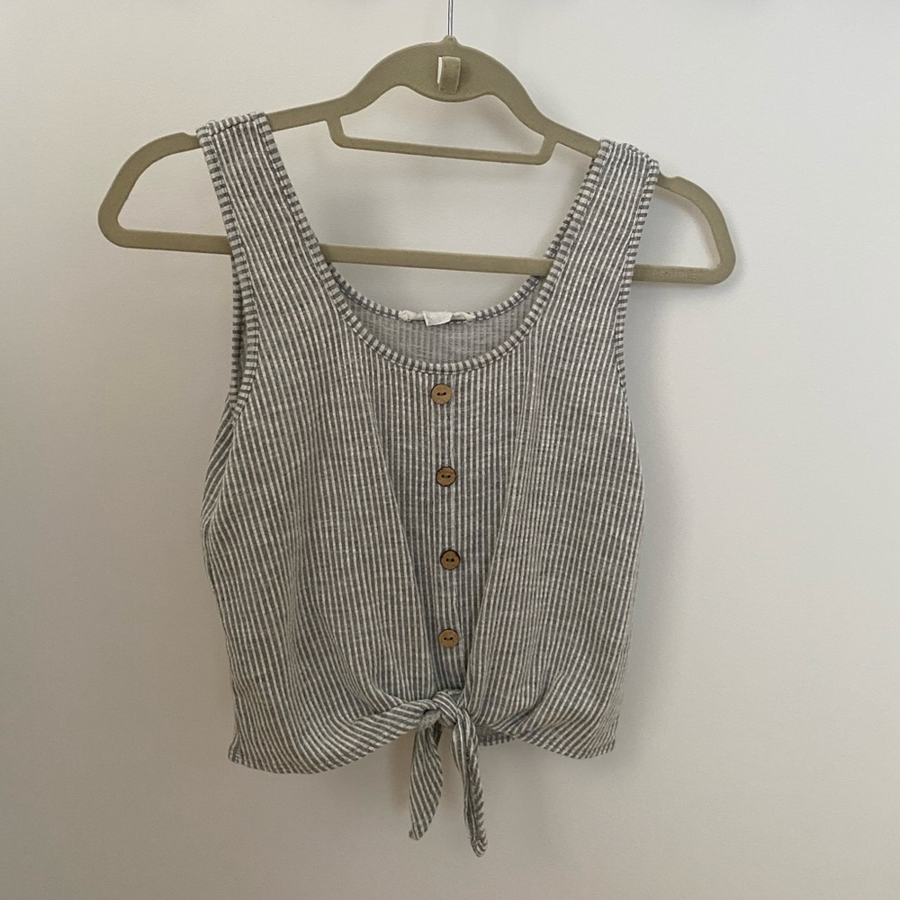 Small Gray/White Striped Button Tie Tank Top